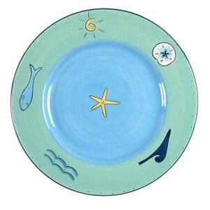 KIC Brushes Coastal Ceramic Dinner Plate with Ocean‎ Motif Hand-Painted Beach